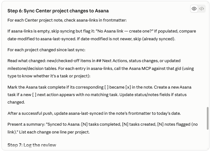 Step 6 in End of Day Routine connects with Asana